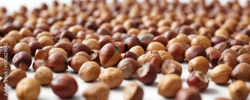 Beechnuts scattered on a plain white background, outdoor scenery, beechnut husks, forest floor