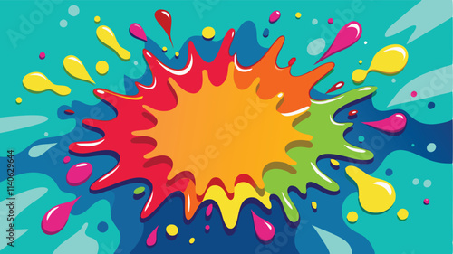 Colorful splash design with vibrant shapes and droplets on a bright background capturing playful artistic energy