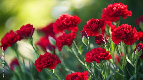 Red carnations blooming in summer garden sunlight