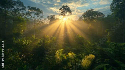 Light filters through dense jungle foliage in a serene and vibrant rainforest...