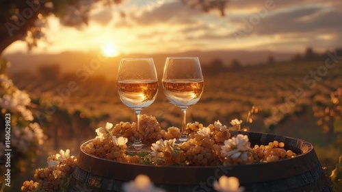 Sunset vineyard with sparkling wine glasses and grapes on a wooden barrel