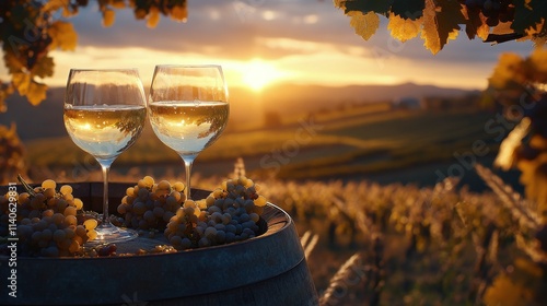 Sunset vineyard with sparkling wine glasses and grapes on a wooden barrel