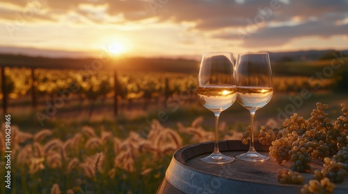 Sunset vineyard with sparkling wine glasses and grapes on a wooden barrel