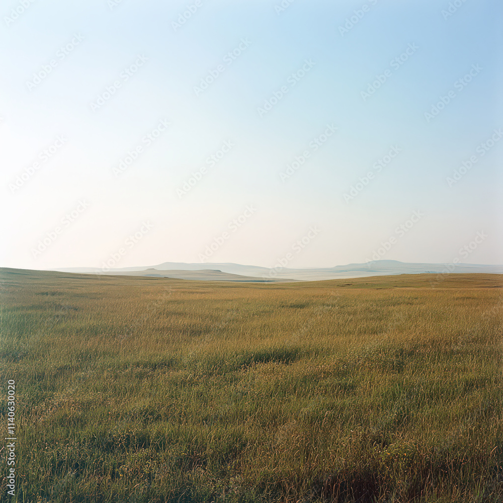 Obraz premium Serene landscape vast grassland under clear sky. Peaceful and tranquil mood