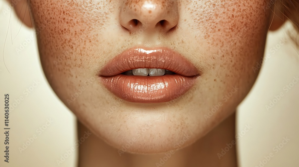 Fototapeta premium Full lips with a soft blush tint, surrounded by faint freckles, glossy and radiant under diffused golden light, ultra-realistic textures emphasized in sharp focus,