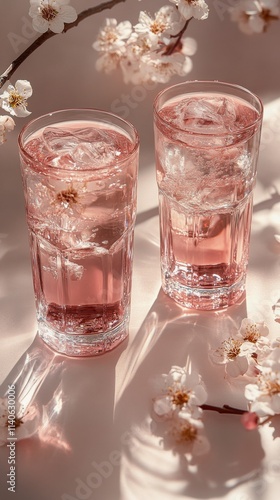 Refreshing floral drinks in elegant glasses on a soft pink background with de...