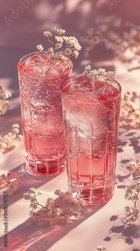 Refreshing floral drinks in elegant glasses on a soft pink background with de...