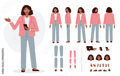 Casual business woman character constructor for animation. Front, side and back view set. Body parts, postures, poses collection. Vector illustration.