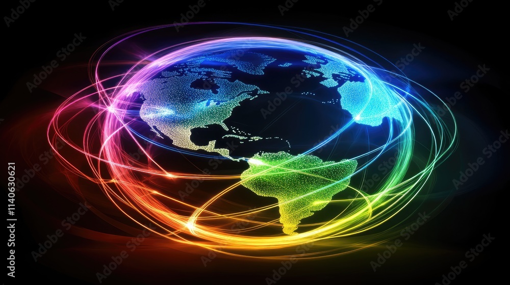 A concept of global connectivity visualized as a digital hologram of Earth, network lines glowing in vibrant neon shades, futuristic sci-fi style A concept of global connectivity visualized as a digital hologram of Earth, network lines glowing in vibrant neon shades, futuristic sci-fi style