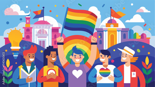 Celebration of pride and diversity in a vibrant urban setting with colorful flags and enthusiastic participants