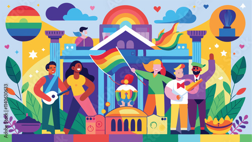 Celebration of pride and diversity in a vibrant urban setting with colorful flags and enthusiastic participants