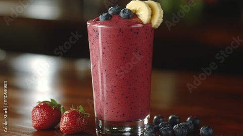 Refreshing berry smoothie served in a tall glass with fresh fruit toppings at...