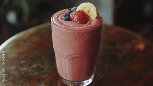 Refreshing berry smoothie served in a tall glass with fresh fruit toppings at...
