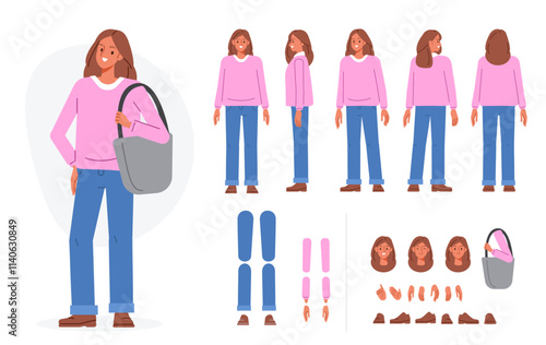 Teenage girl character with shopper bag. Constructor for animation. Front, side and back view set. Body parts, postures, poses collection. Vector illustration.