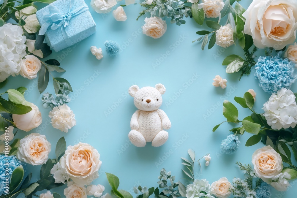 Cute teddy bear and flowers arranged in circle on light blue background for baby shower party