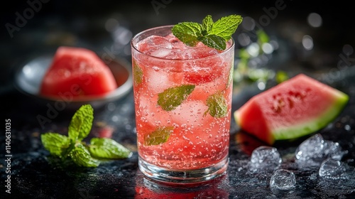 Refreshing watermelon mint drink served in a glass on a rustic wooden table