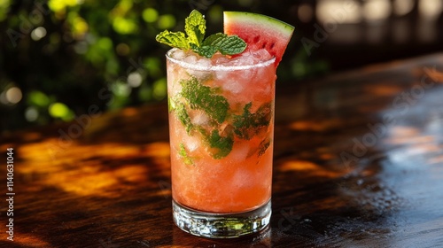 Refreshing watermelon mint drink served in a glass on a rustic wooden table
