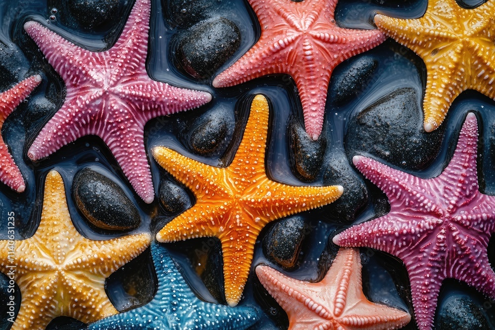 Colorful starfish creating vibrant pattern on dark pebbles Colorful starfish creating vibrant pattern on dark pebbles