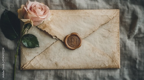Romantic letter with red rose and wax seal on rustic wooden table