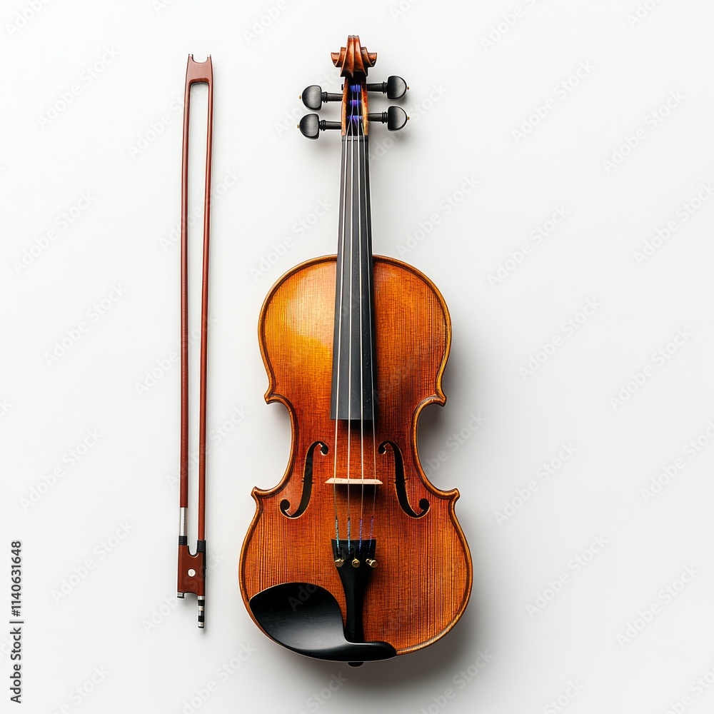 Fototapeta premium Violin and bow displayed on a plain background highlighting craftsmanship and elegance