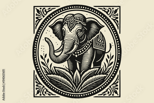 Vintage black Indian elephant emblem, monochrome vector design