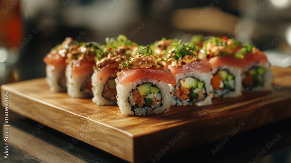 Delicious uramaki sushi rolls with spicy tuna and sesame seeds resting on wooden board Delicious uramaki sushi rolls with spicy tuna and sesame seeds resting on wooden board