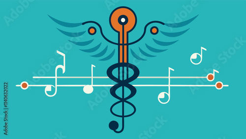 Symbolic blend of music and health featuring a stylized caduceus surrounded by notes and leaves, representing harmony and vitality in a creative vector design