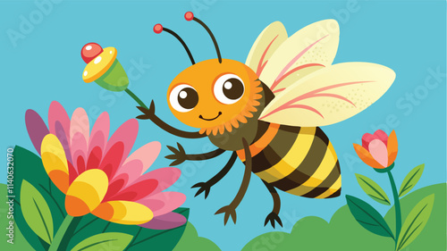 Colorful vector illustration of a cheerful bee interacting with vibrant flowers in a lush landscape during a sunny day