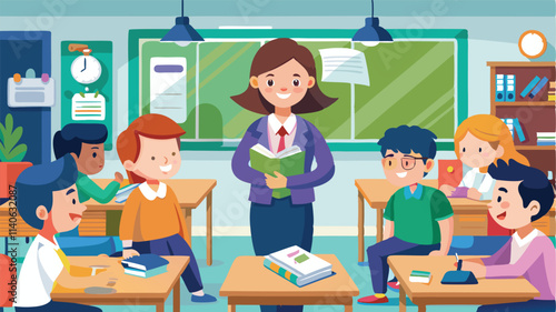 Engaging classroom setting with a teacher and students enjoying learning activities