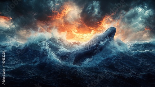 Orca breaching the surface in dark waters near coastal habitat during morning...