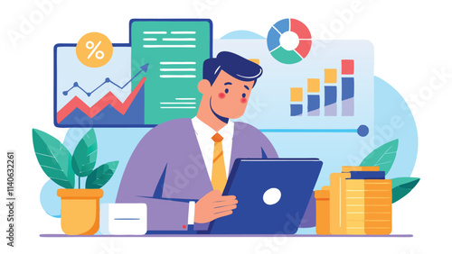 Business professional using laptop in modern workspace with charts and plants for productivity and creativity enhancement