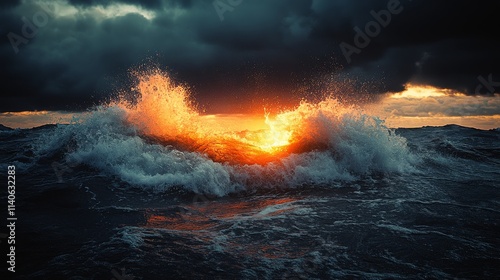 Orca breaching the surface in dark waters near coastal habitat during morning...