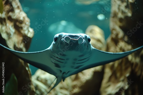 Manta ray swimming in blue water near coral reef photo