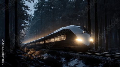 A high-speed train zipping through a dark forest at night, with the train headlights illuminating the trees and creating stark shadows