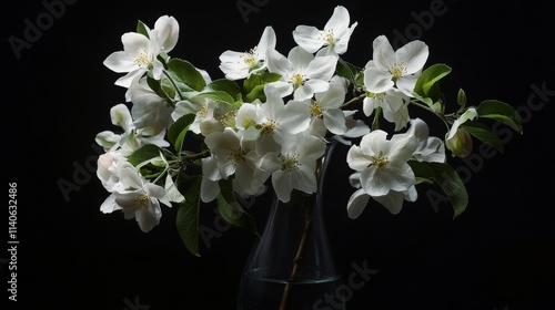 White flowering branches in a vase against a dark background showcasing natur...