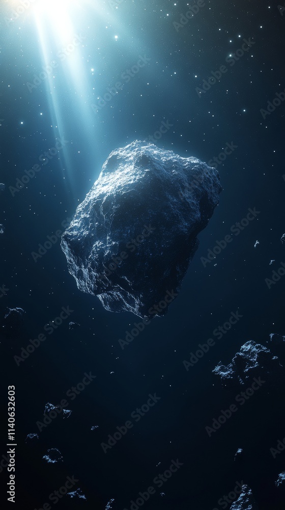 Large asteroid floating in deep space with bright star light Large asteroid floating in deep space with bright star light