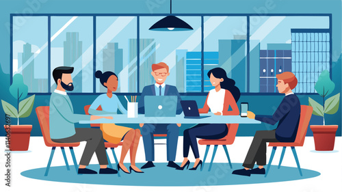 Business meeting in a modern office with diverse professionals discussing ideas and collaborating on a project