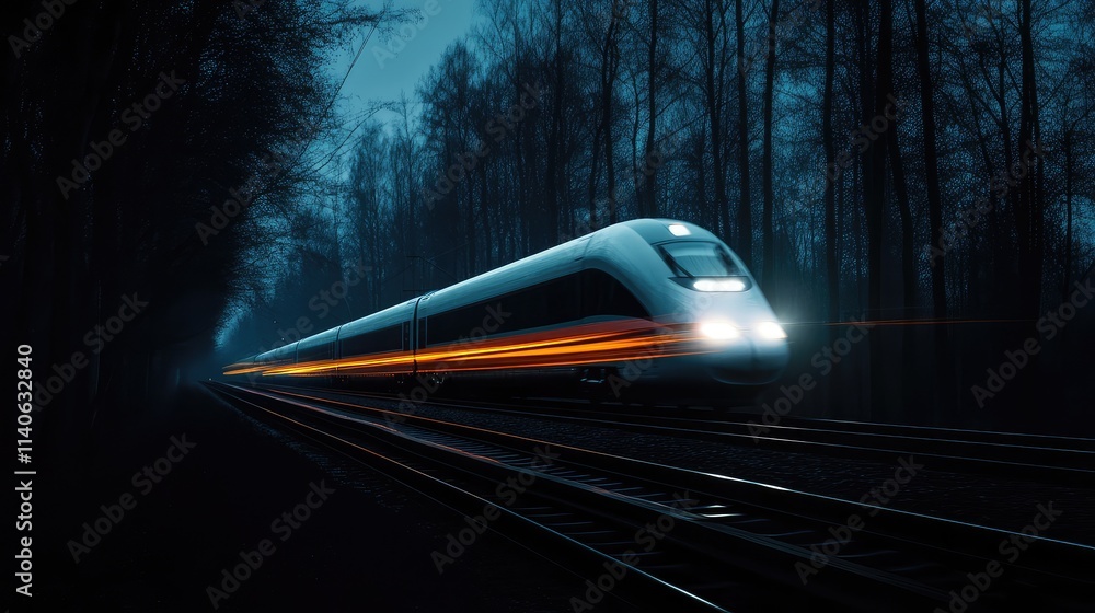 Obraz premium A high-speed train zipping through a dark forest at night, with the train headlights illuminating the trees and creating stark shadows