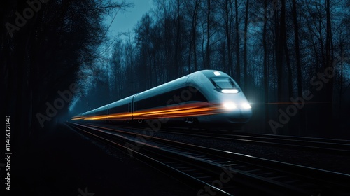 A high-speed train zipping through a dark forest at night, with the train headlights illuminating the trees and creating stark shadows