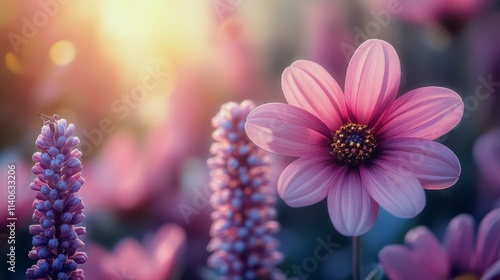 Bright pink flowers blooming in a garden during golden hour