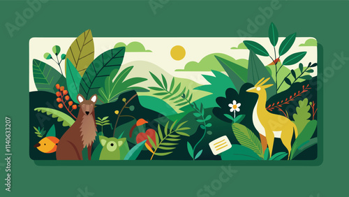 Colorful vector illustration of wildlife with a kangaroo, bird, and owl in a lush green landscape under a cloudy sky photo