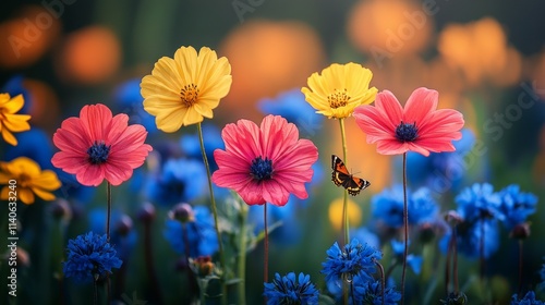 Bright pink flowers blooming in a garden during golden hour