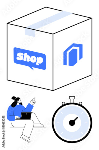 Large shipping box with labels stopwatch person with laptop pointing upward. Ideal for e-commerce, delivery, time management, logistics, efficiency, planning, online shopping. Line metaphor