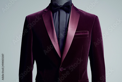 Close-up of an elegant burgundy velvet tuxedo with a satin lapel and black bow tie, perfect for party outfit themes, luxury menswear, formal events, and high-end fashion advertising

