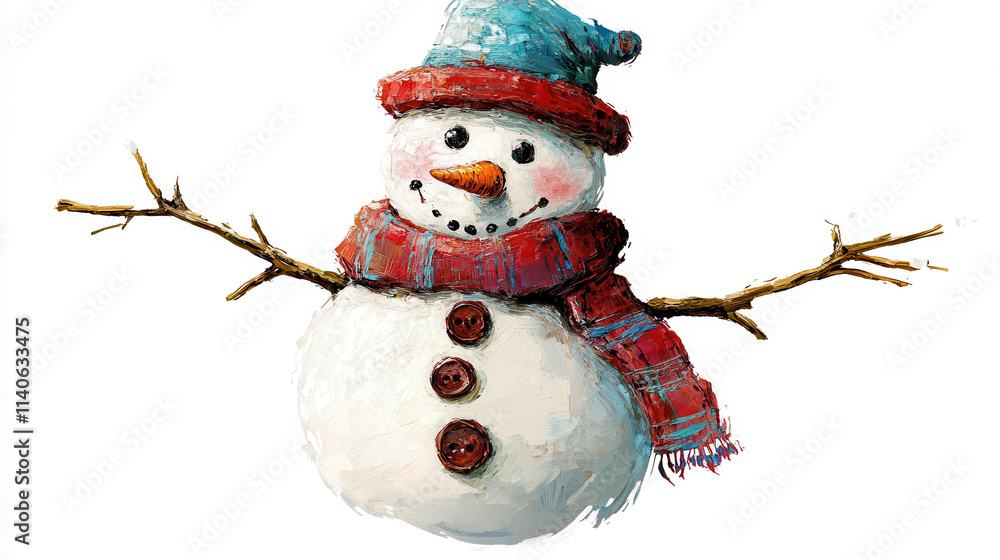 A whimsical snowman painted in highly textured brush strokes, with a dynamic red and sky-blue hat and scarf, button details and twig arms, vibrant facial features with a bright smiling expression, ful A whimsical snowman painted in highly textured brush strokes, with a dynamic red and sky-blue hat and scarf, button details and twig arms, vibrant facial features with a bright smiling expression, ful