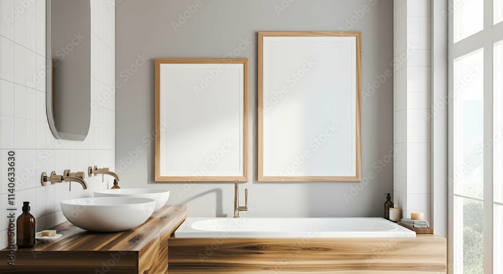 Fototapeta premium An interior room with blank rectangular photo frames on the wall 3d illustration mock-up template. 