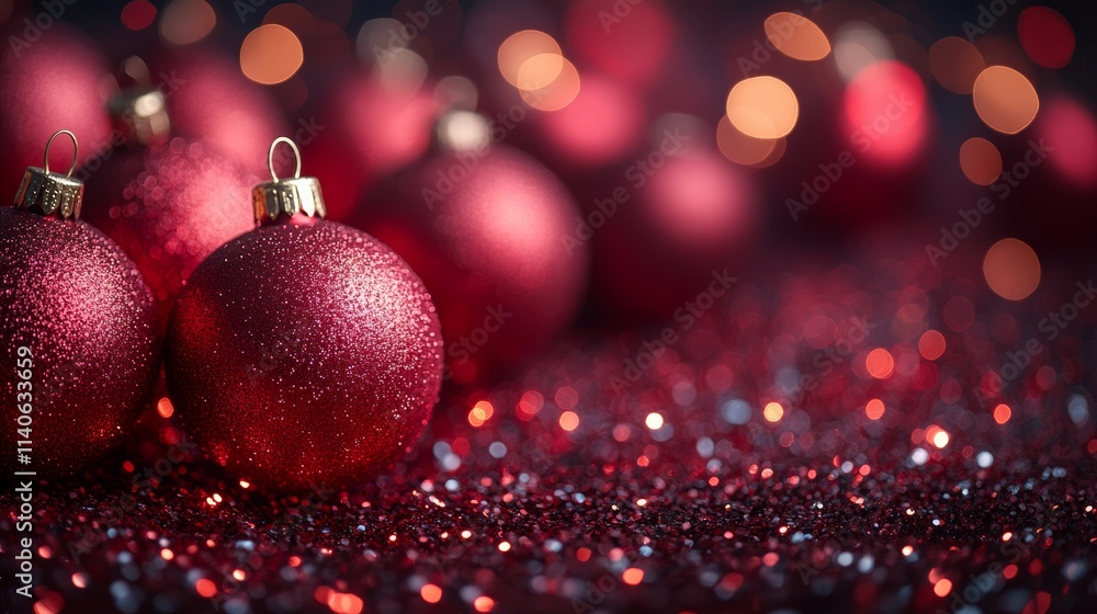 Christmas ornaments resting on sparkling red glitter with bokeh lights Christmas ornaments resting on sparkling red glitter with bokeh lights