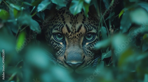Fierce leopard hiding in lush green foliage during a quiet moment in the jungle