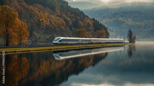 A high-speed train zooming along tracks near a lake, with its reflection on the water surface and the landscape flying
