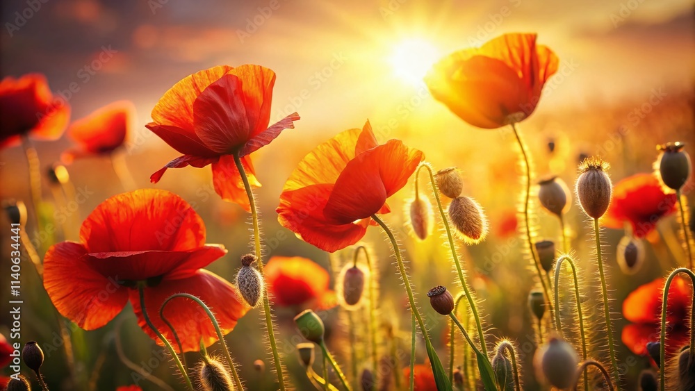Fototapeta premium Poppy Field Photography: Stunning Red Poppy Blossoms, Summer Meadow, Wildflower Images, Nature Backgrounds, Floral Photography
